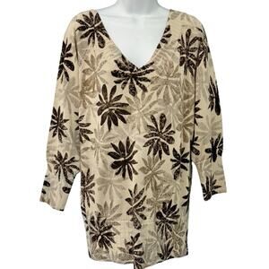 Sigrid Olsen Brown Tan Floral Earthy Silk Blend V-Neck Light Sweater Size L